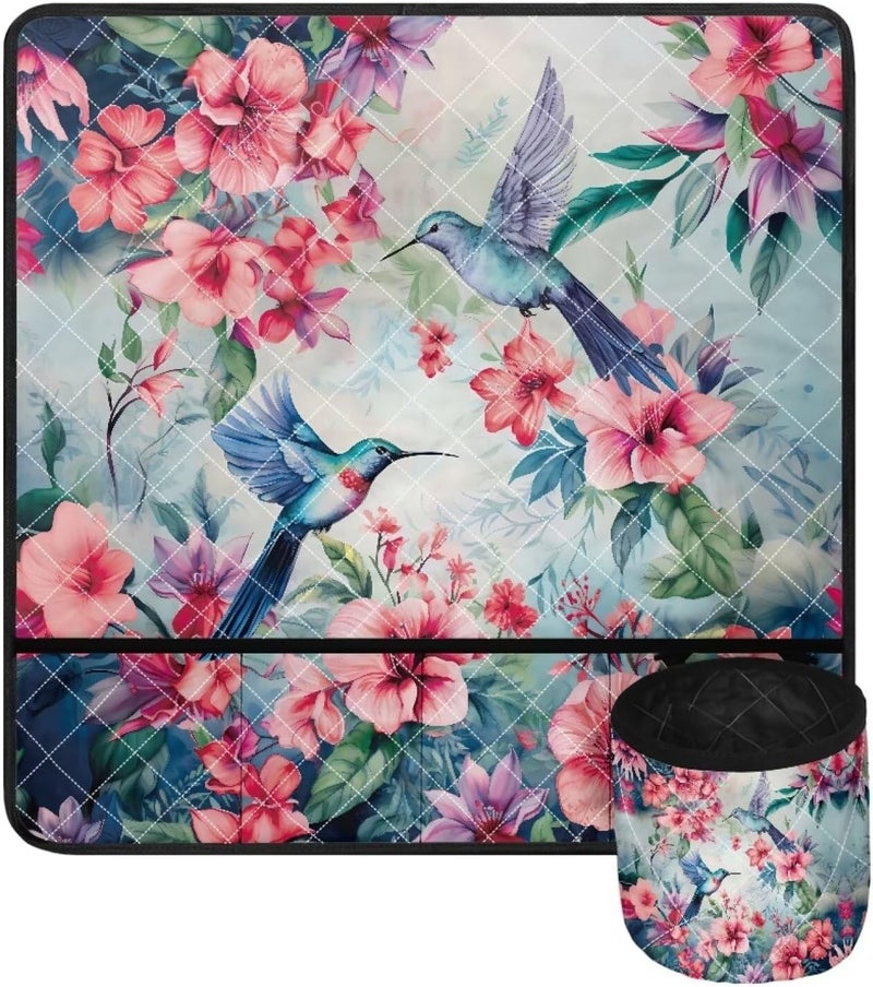Kathyboom Bird Pink Flowers Sewing Machine Mat with Pockets for Sewing Accessories Non Slip Mats Reduce Noise Vibration, Movement - Image 1
